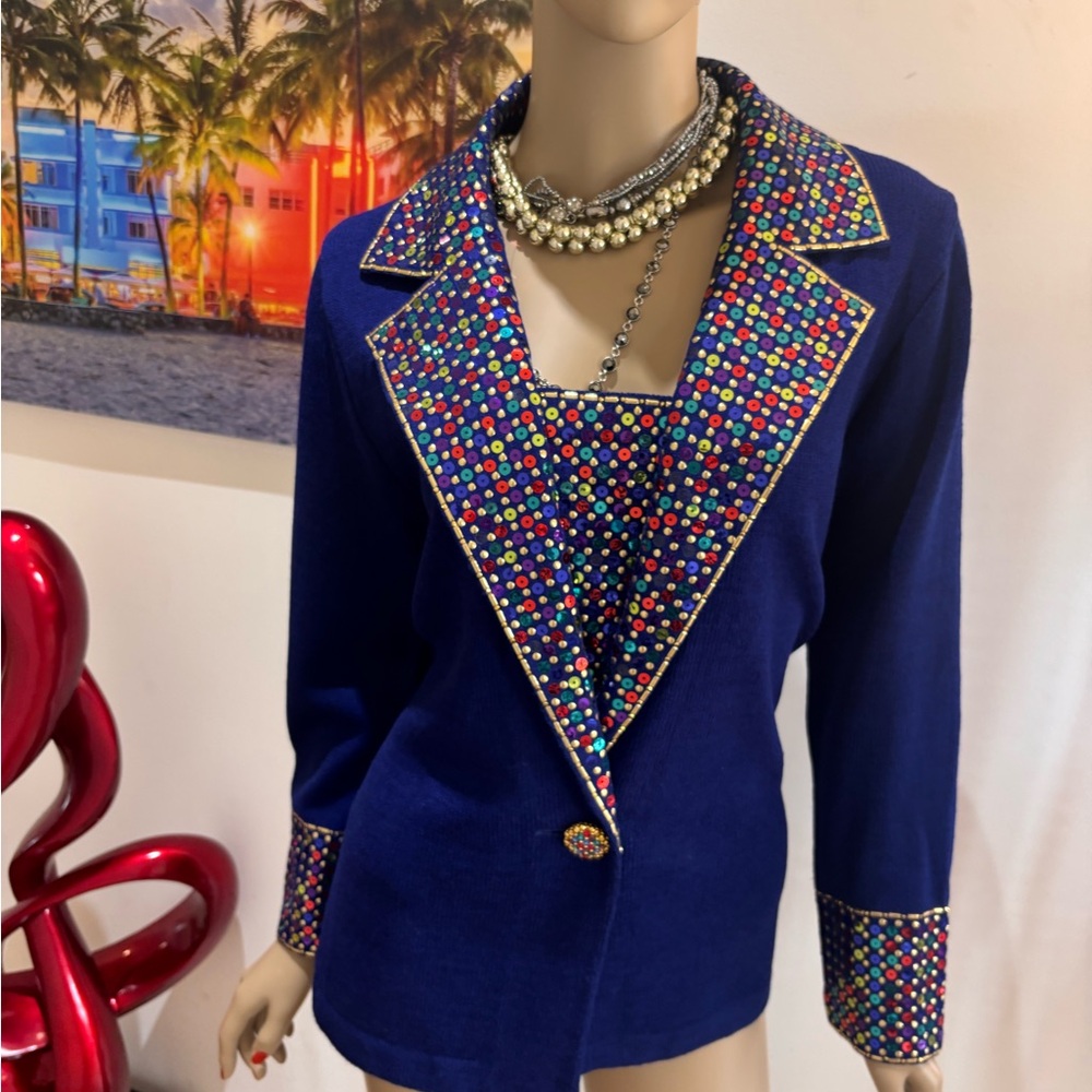 St. John royal blue multi  Blazer with Multicolor Sequin Trim paillettes 12 L - Picture 6 of 8